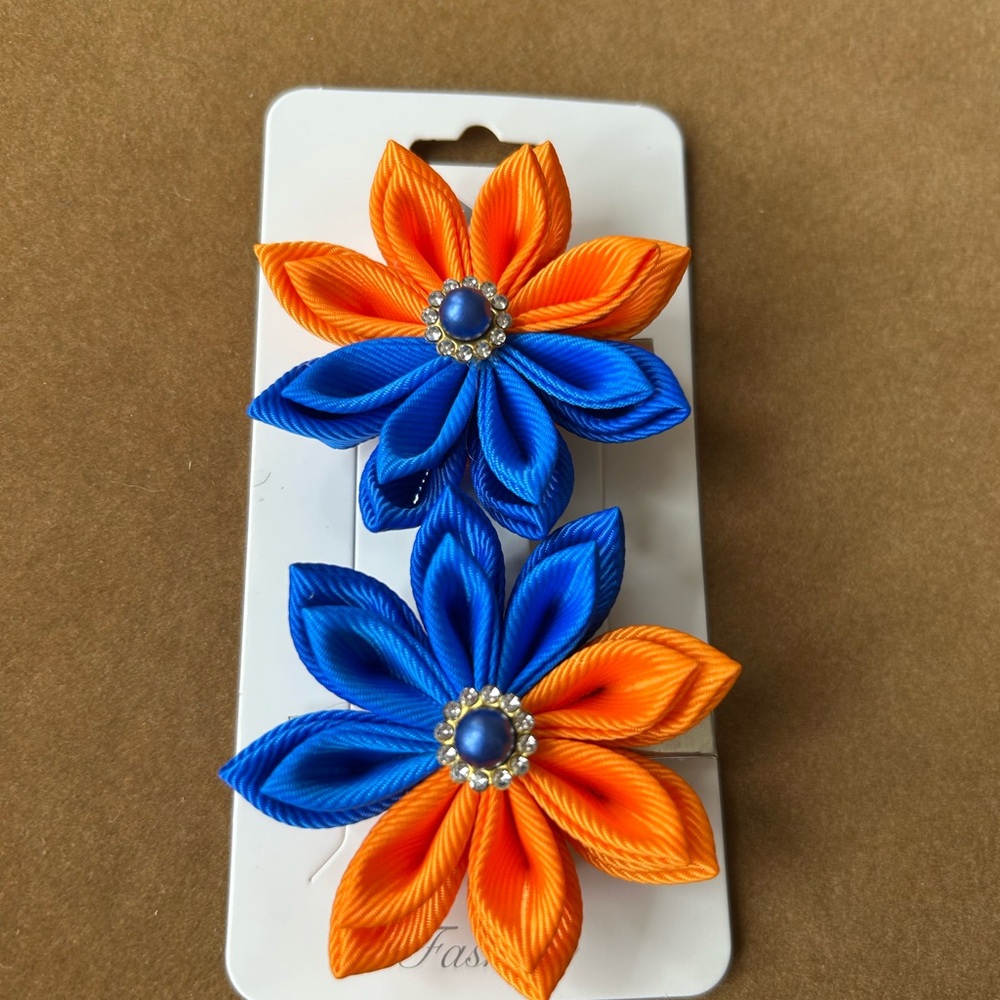 Florida Gators colors Orange and Blue Floral Hair Clips/ Kanzashi type